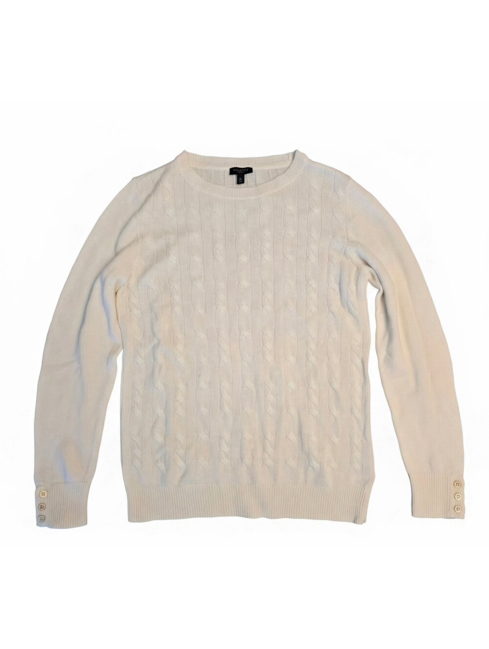Talbots Petites Ivory Cable-Knit Crewneck Sweater with Button Cuffs - Size MP